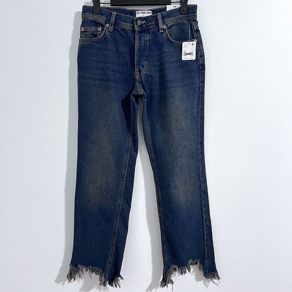 Free People Maggie Mid Rise Straight Leg Jeans Womens 24 Blue Frayed Hem Cropped